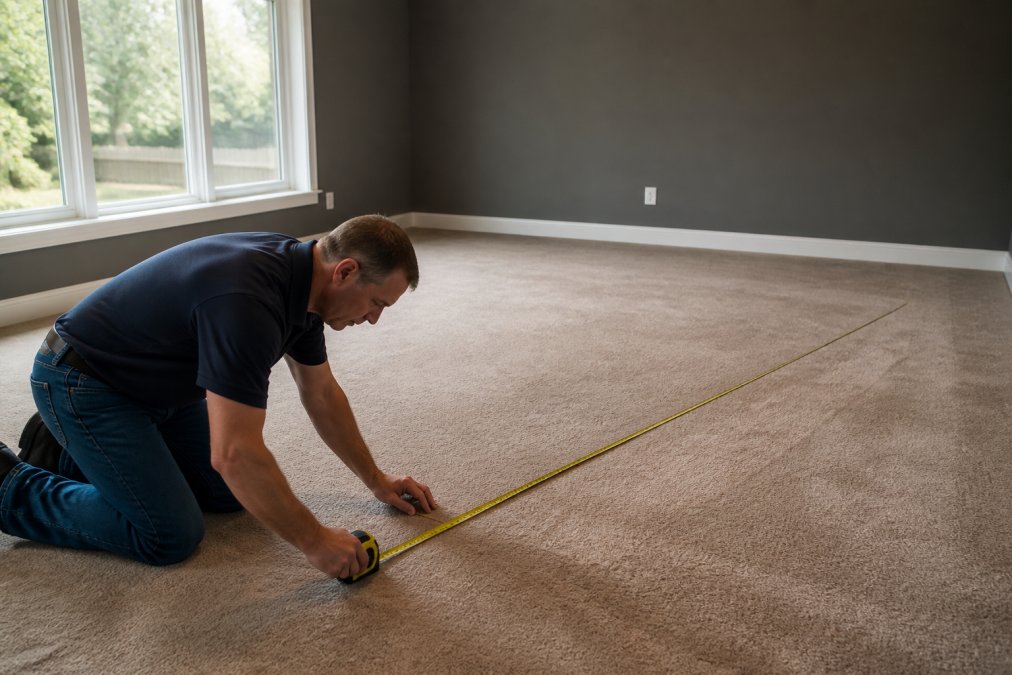 A homeowner kneeling with a tape measure along the floor of an empty game room, marking clearance around where a snooker table will sit, daylight through a large window
