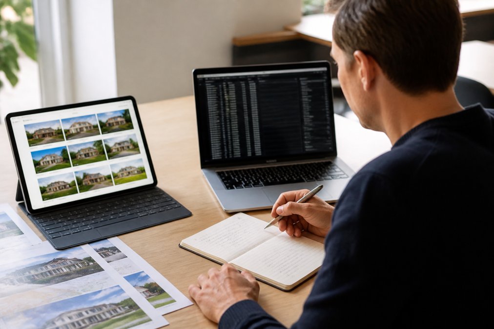 Professional sitting at desk reviewing property research data on multiple screens, taking detailed notes on Melbourne suburb analysis and property market trends
