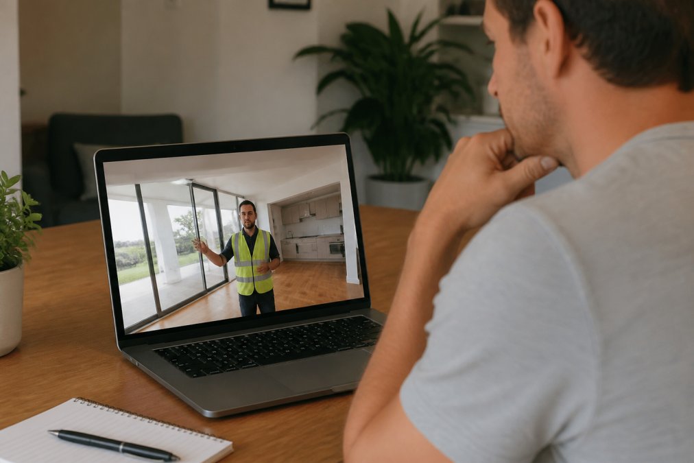 Buyer on video call with professional property inspector, viewing live walkthrough of Melbourne apartment interior on laptop screen, inspector pointing out structural details and property features