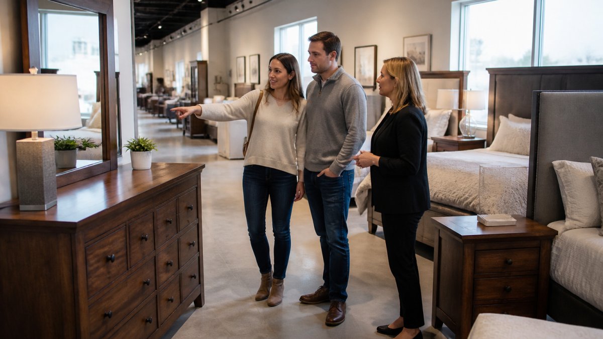 A couple browsing bedroom furniture sets with a sales associate in a showroom