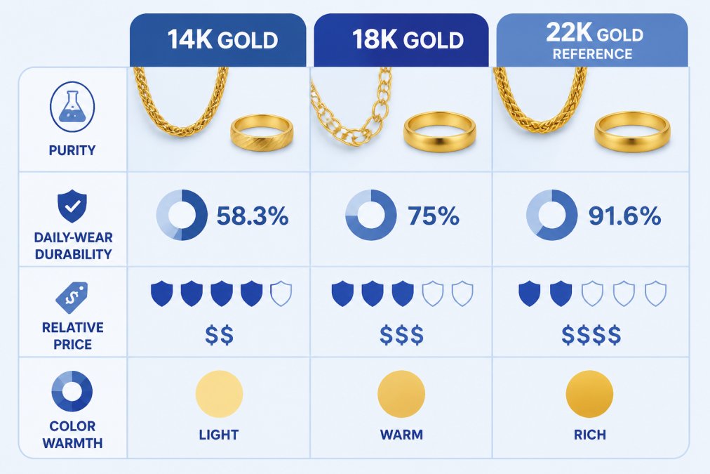 Side-by-side comparison chart of 14K vs 18K gold showing purity percentages 58.3% and 75%, daily-wear durability ratings, relative price difference, and color warmth, with 22K shown as a reference row at 91.6% purity