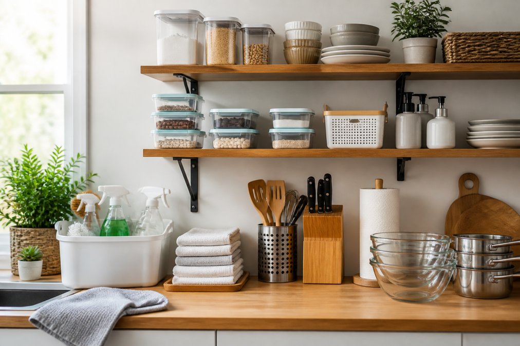 Bright, organized kitchen counter displaying an essential collection of household items and tools neatly arranged on open shelving, including storage containers, utensils, and cleaning supplies in natural daylight