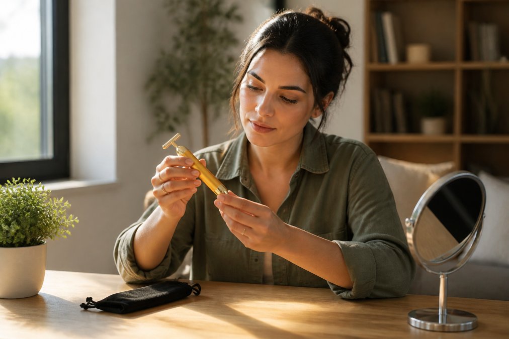 Woman examining product labels and packaging in a modern home setting, carefully inspecting materials, durability features, and stitching details under natural light