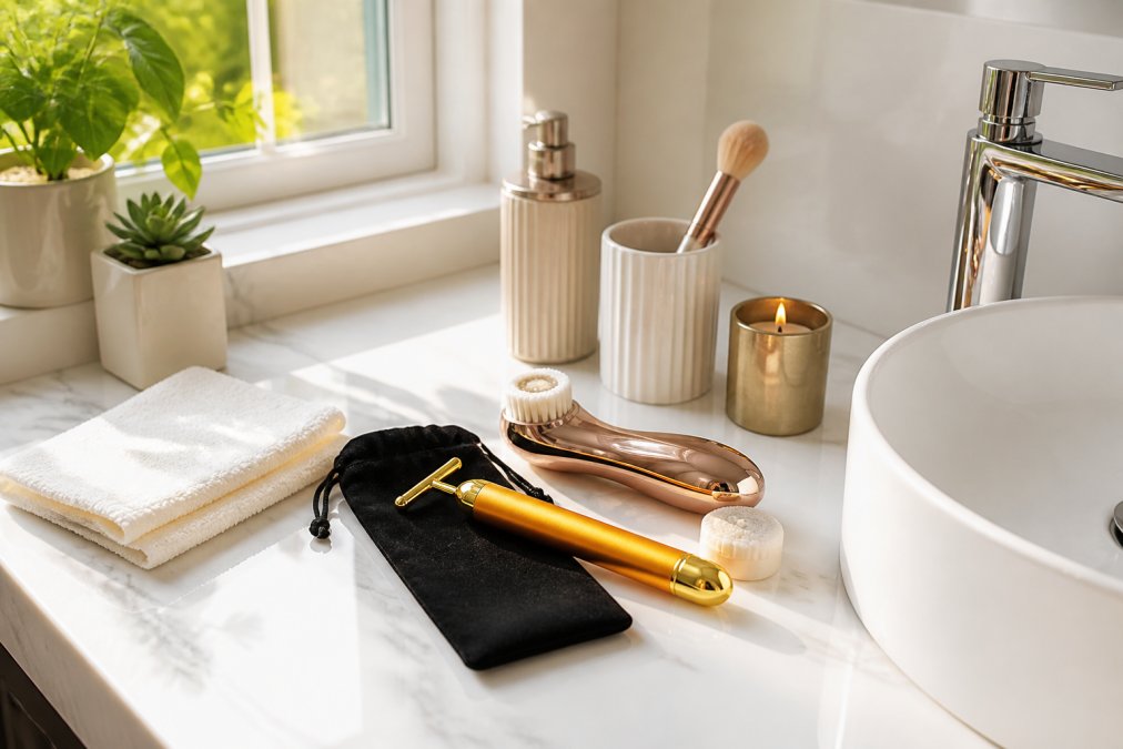 Busy professional's morning routine with beauty tools, wellness gadgets, and accessories organized on a clean bathroom counter with natural light streaming through window