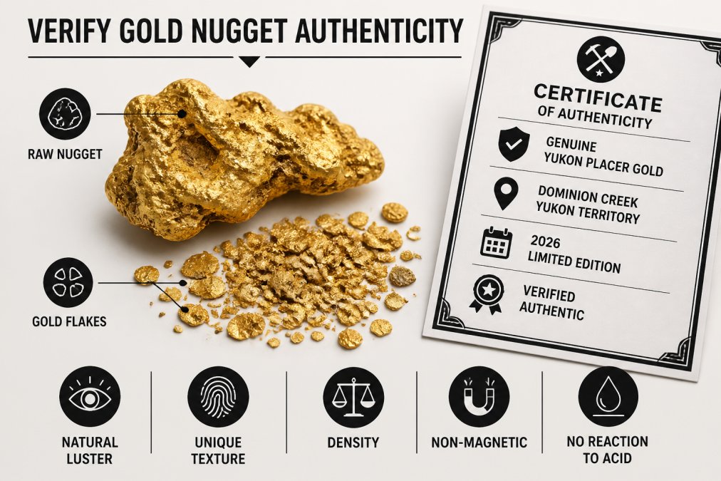 Close-up of a raw gold nugget and placer gold flakes on a white surface, showing natural texture and color variation, with a Certificate of Authenticity document visible nearby