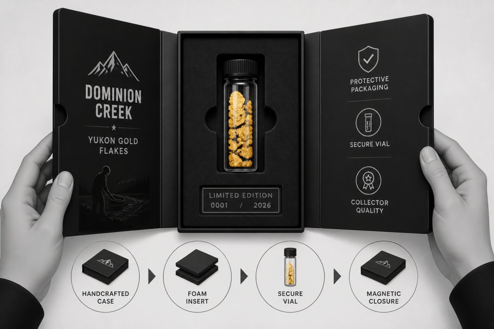 Hands carefully opening a handcrafted tri-fold display case containing raw placer gold, showing the protective packaging and presentation