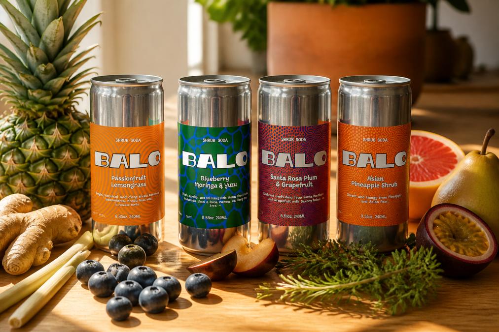 Close-up of four colorful shrub soda bottles arranged on a wooden table with fresh fruit, herbs, and botanicals scattered around them, natural morning light streaming across the scene