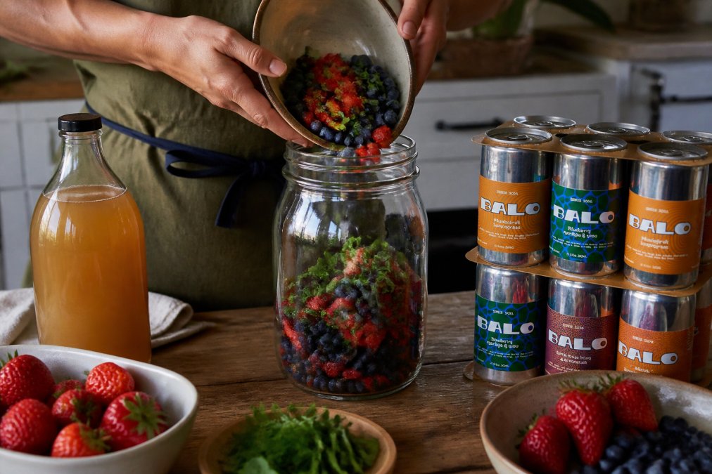 Hands carefully pouring fresh berries and herbs into a clear glass jar, with a bottle of raw apple cider vinegar and additional fresh fruit visible on the wooden counter, natural kitchen lighting