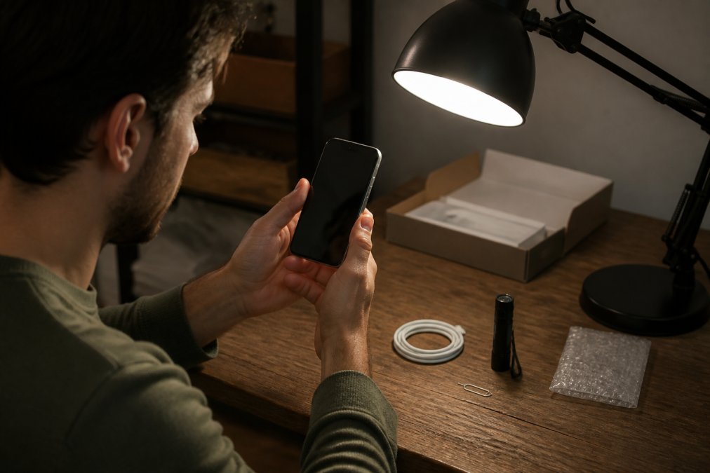 A person seated at a wooden desk under a bright desk lamp, holding a refurbished iPhone up to the light and examining the screen surface for scratches while a small flashlight rests beside a charging cable