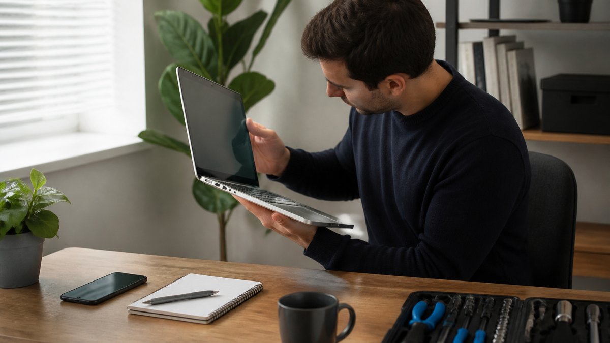 A young professional holding a refurbished laptop, inspecting the screen and keyboard in a bright, modern home office setting with a smartphone and notebook nearby