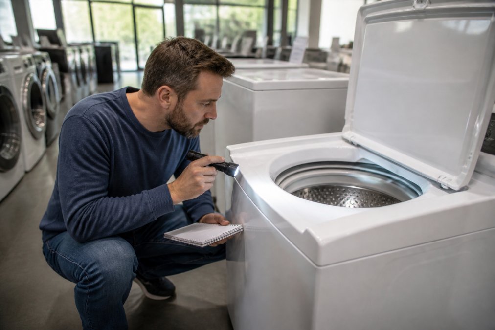A person in casual clothes crouching beside an open top-load washer in a bright showroom, shining a flashlight into the drum while holding a notepad