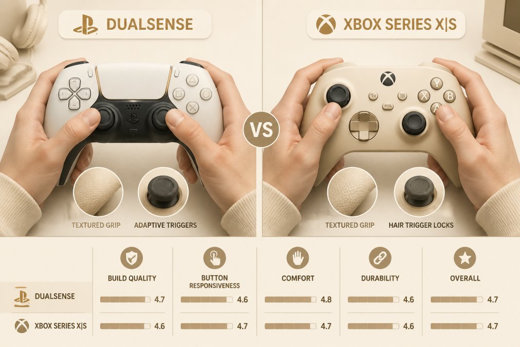 Close-up of a gamer's hands holding a DualSense controller and an Xbox controller side by side on a gaming desk, showing tactile details, button responsiveness, and build quality under studio lighting