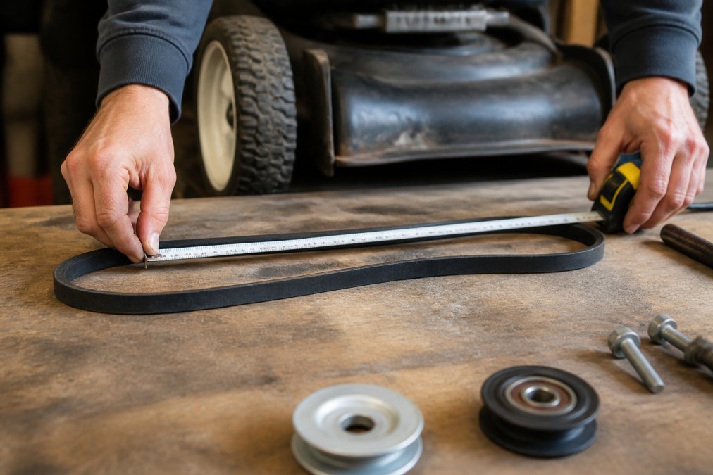 Close-up of a person's hands using a fabric measuring tape to measure the outside length of a V-belt laid flat on a workbench, with a mower deck blurred in the background