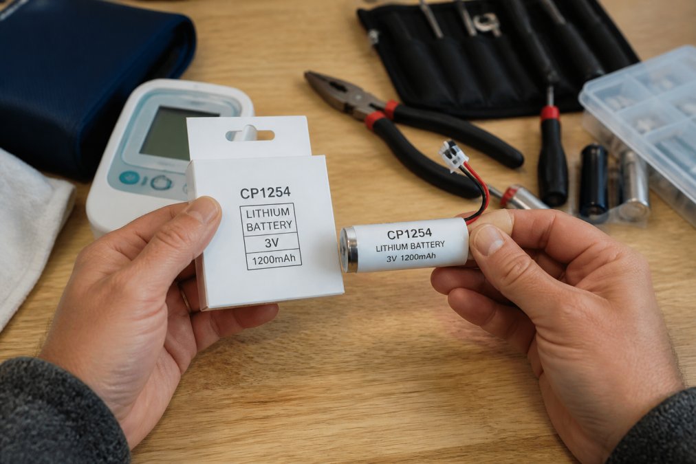 Close-up of hands holding a medical device battery next to its original packaging, with model number and voltage specifications clearly visible on the label under bright clinical lighting