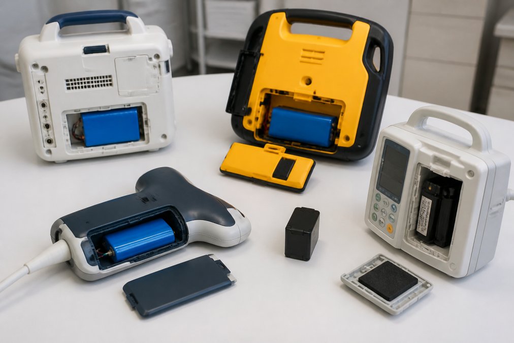 Array of medical devices arranged on a clean white surface, including a portable patient monitor, automated external defibrillator, infusion pump, and portable diagnostic ultrasound device with visible battery compartments