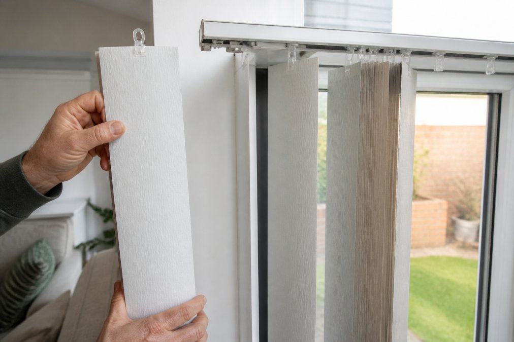 A pair of hands holding a new white vertical blind slat next to a partially assembled vertical blind rail in a bright living room, showing the contrast between the new component and the existing fitting