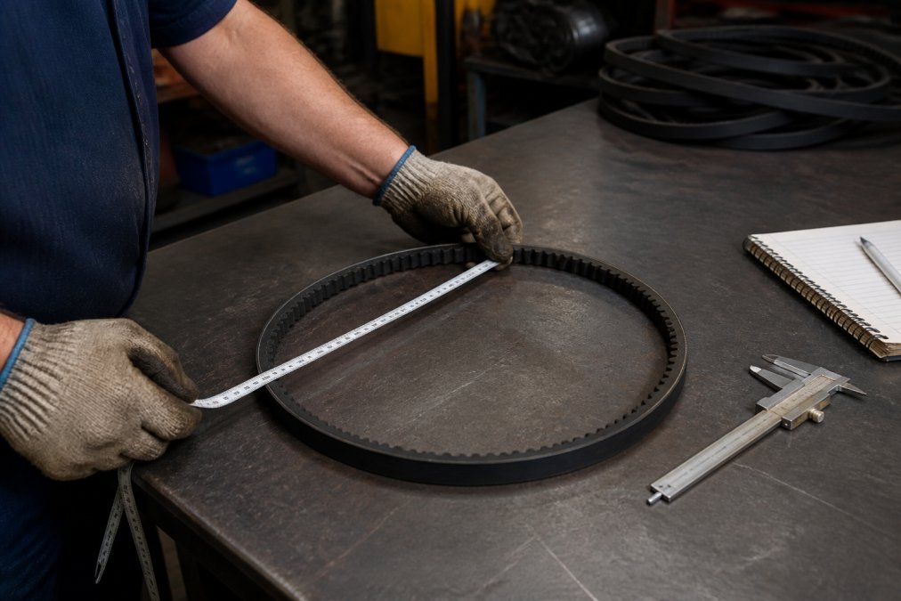A maintenance technician in work gloves using a flexible measuring tape to measure the outside circumference of a wedge V-belt laid flat on a steel workbench, with calipers and a notebook nearby