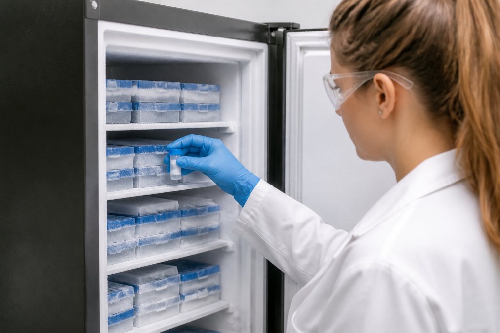 A laboratory technician in a white coat carefully placing a labeled peptide vial into a temperature-controlled freezer, with organized storage racks visible in the background