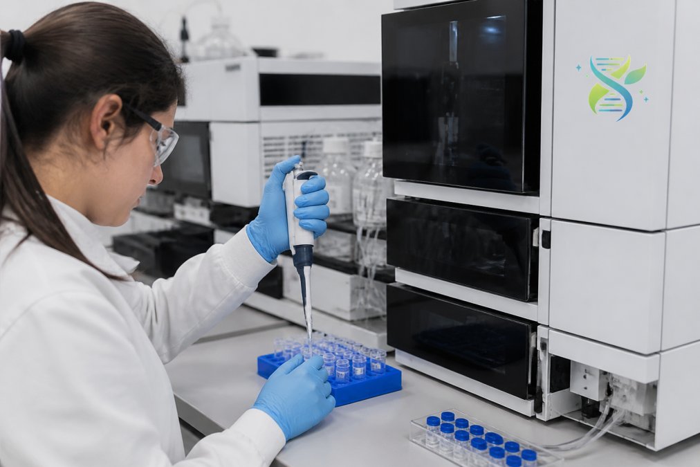 Laboratory technician pipetting samples into analytical vials with modern HPLC equipment and computer monitors in background, clinical lighting