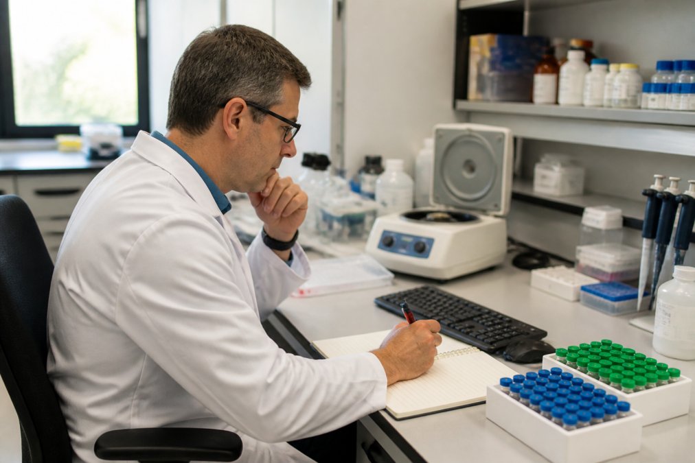 Professional illustration showing laboratory and manager and seated concepts for research grade peptides