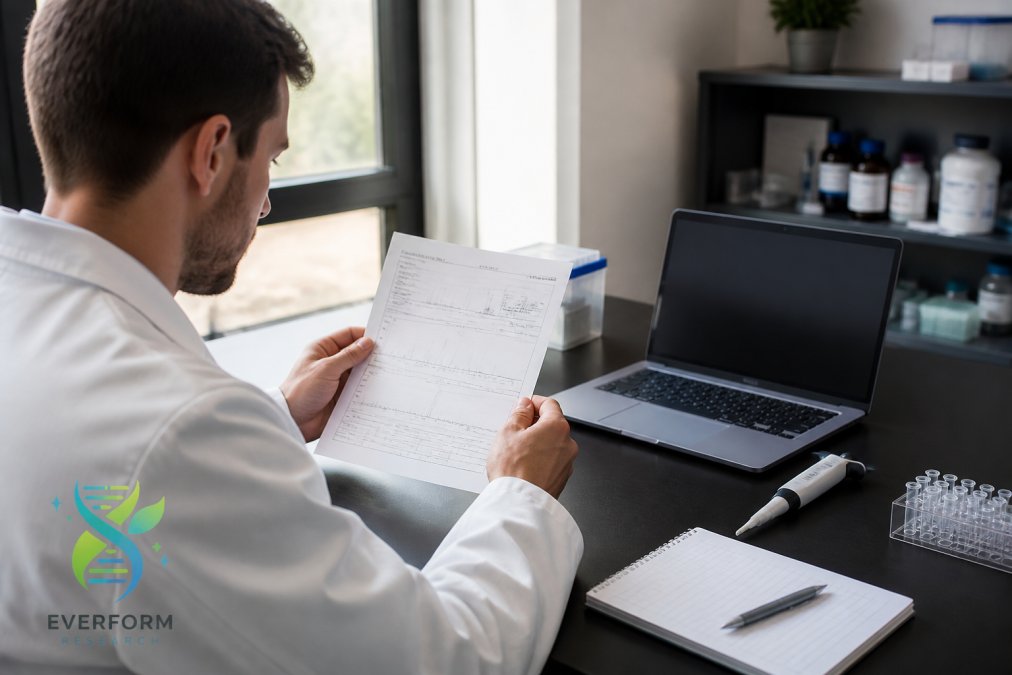 Researcher reviewing printed Certificate of Analysis document at desk with laptop and laboratory notebook, natural office lighting
