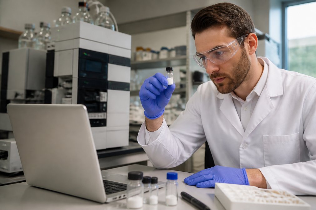 Scientist reviewing a certificate of analysis when you buy research grade peptides online in a lab setting