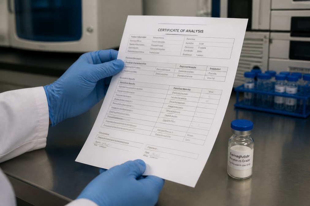 Close-up of a scientist's hands holding a printed Certificate of Analysis document next to a labeled research vial on a laboratory bench, with analytical equipment visible in the background