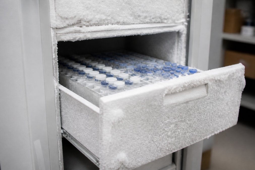 A laboratory freezer drawer partially open, showing neatly organized, labeled research vials in a controlled cold storage environment with frost visible on the interior surfaces