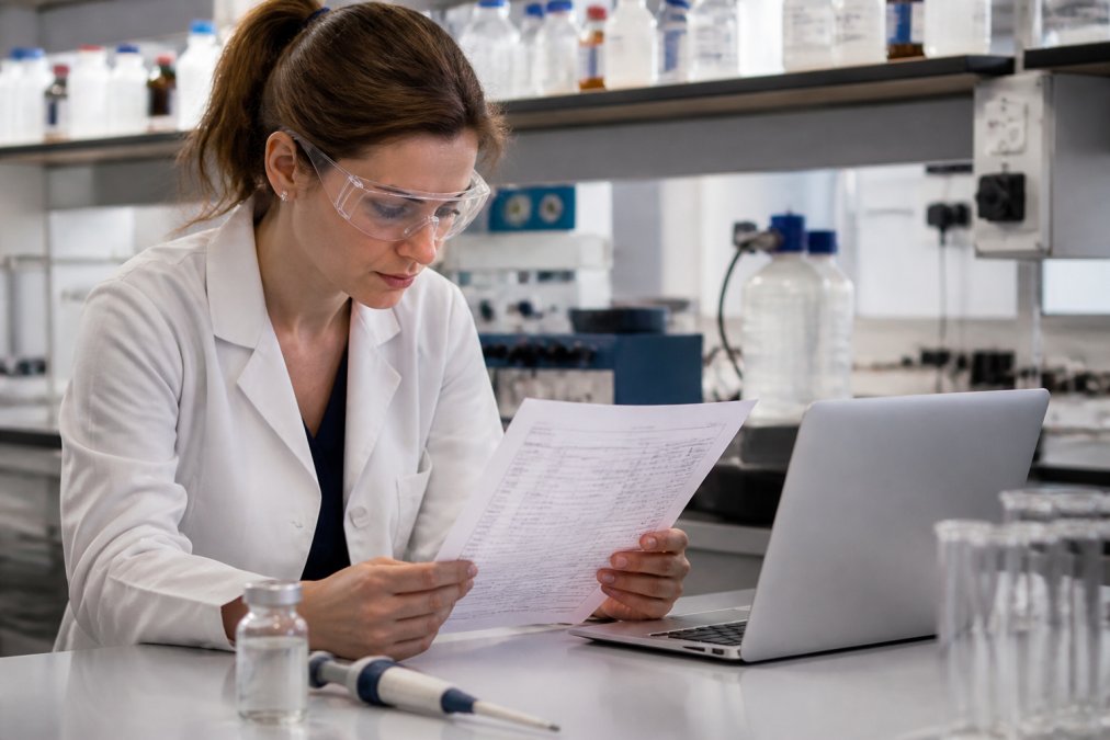 A laboratory researcher in a white coat and safety glasses examining a printed Certificate of Analysis document beside a laptop on a clean lab bench, with a glass vial and pipette visible in the foreground
