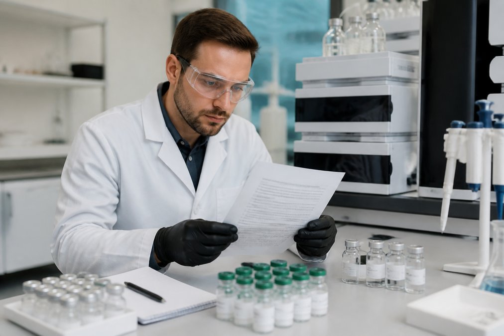 A researcher in a white lab coat and safety glasses reviewing a printed certificate of analysis beside a laptop in a bright laboratory, with sample vials visible on the bench