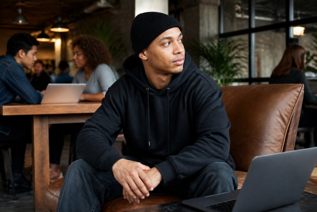 A young entrepreneur wearing a black graphic hoodie and beanie, sitting confidently in a modern co-working space with a laptop nearby