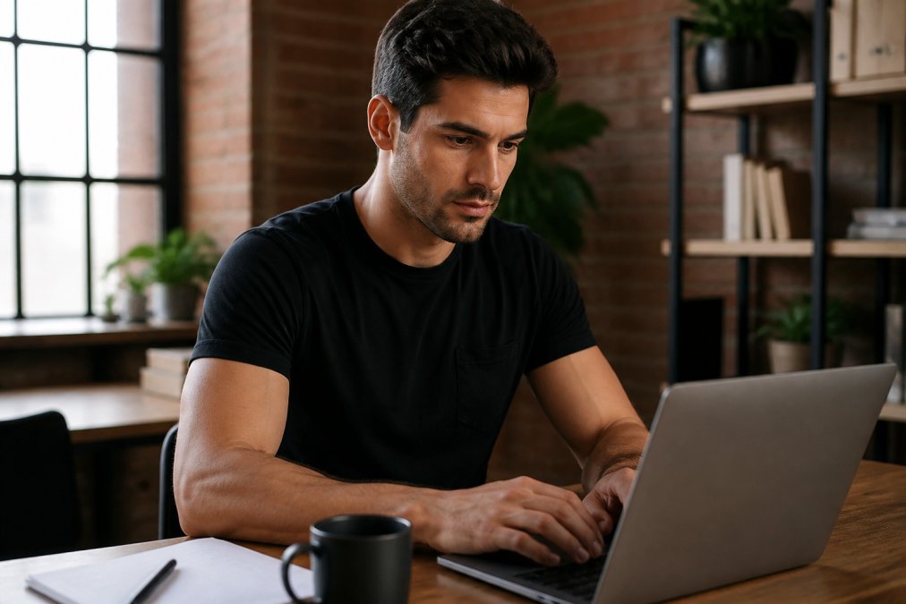 A young professional in a fitted black t-shirt with a small chest logo, sitting at a wooden desk in a sunlit modern office, typing on a laptop with a determined expression