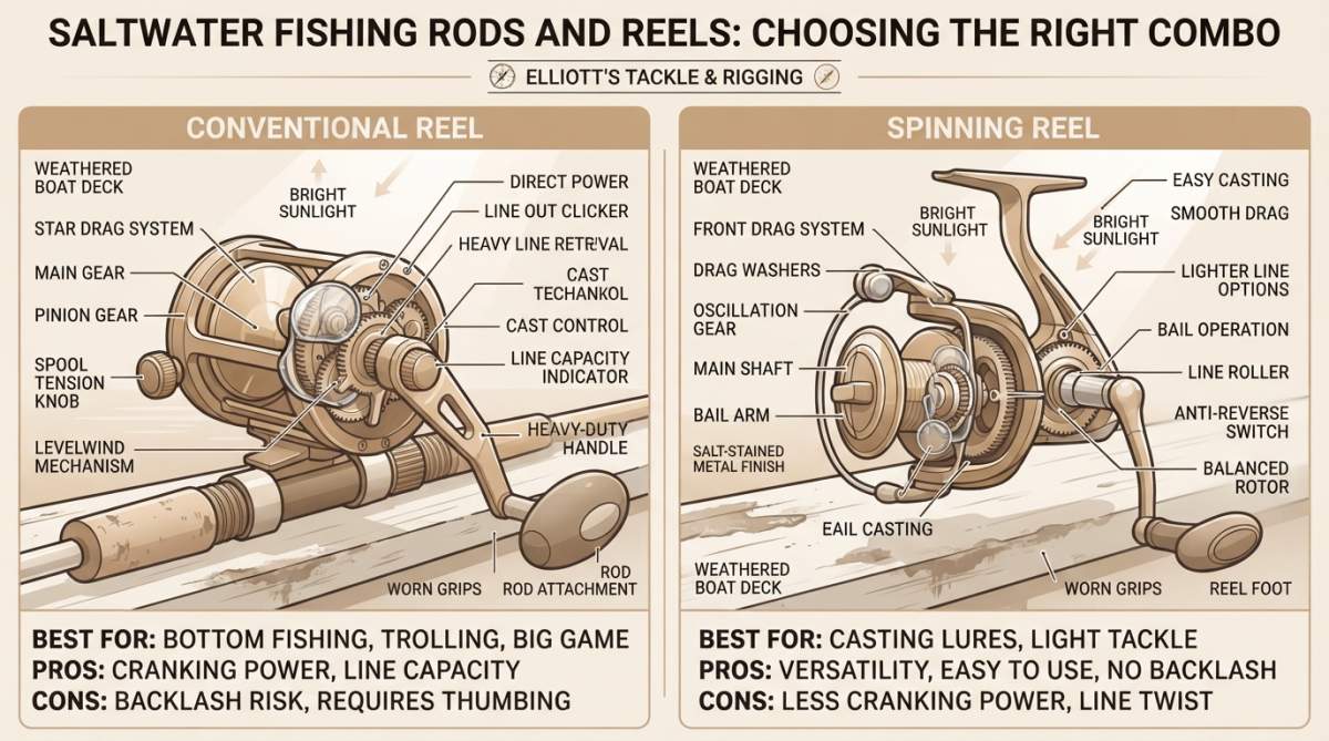 Close-up of a conventional reel and spinning reel side by side on a weathered boat deck, showing drag systems and gear mechanisms in bright sunlight, with salt-stained metal and worn grips visible
