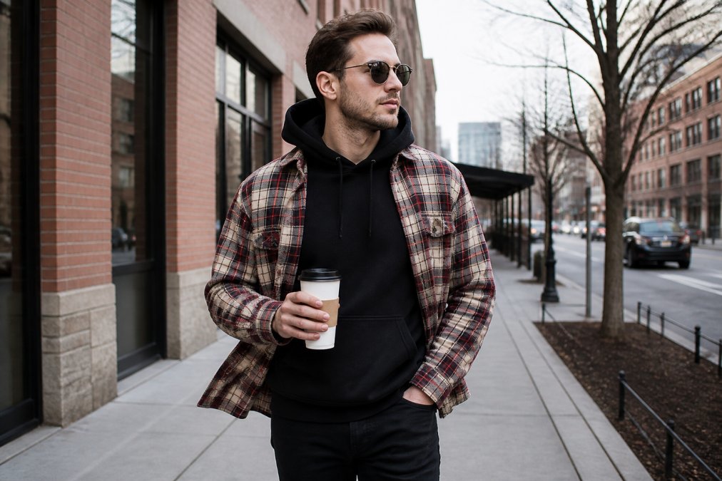 A person in their late twenties wearing a bold graphic hoodie layered under an open flannel shirt, standing casually on a city sidewalk with a coffee cup in hand