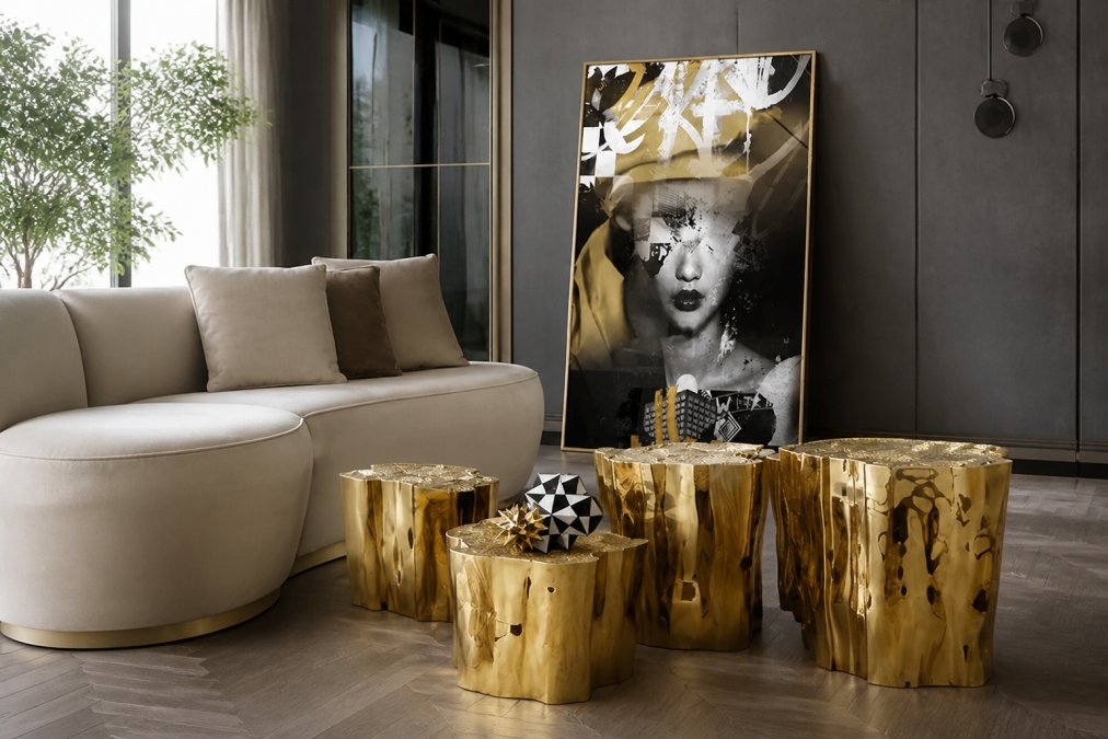 Modern living room with sculptural statement sofa as focal point, minimalist geometric accessories and accessories arranged around it, natural lighting from large windows showing spatial harmony and balanced design