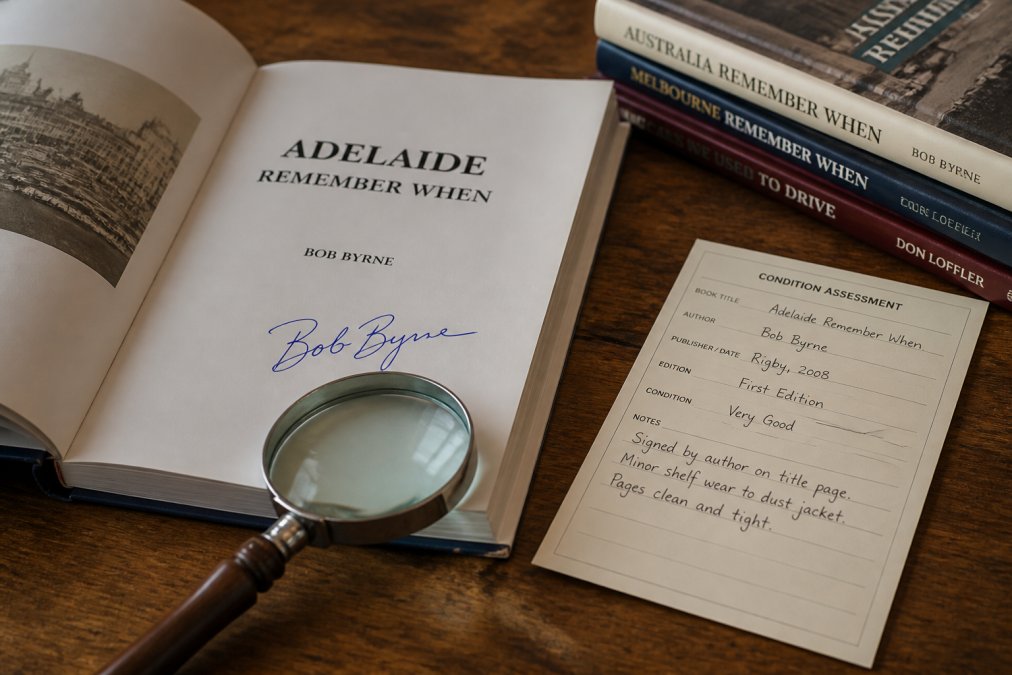 Close-up of an open heritage book displaying the title page with an author's handwritten signature in blue ink, a magnifying glass positioned nearby, and a detailed condition assessment card with preservation notes visible on the wooden desk surface