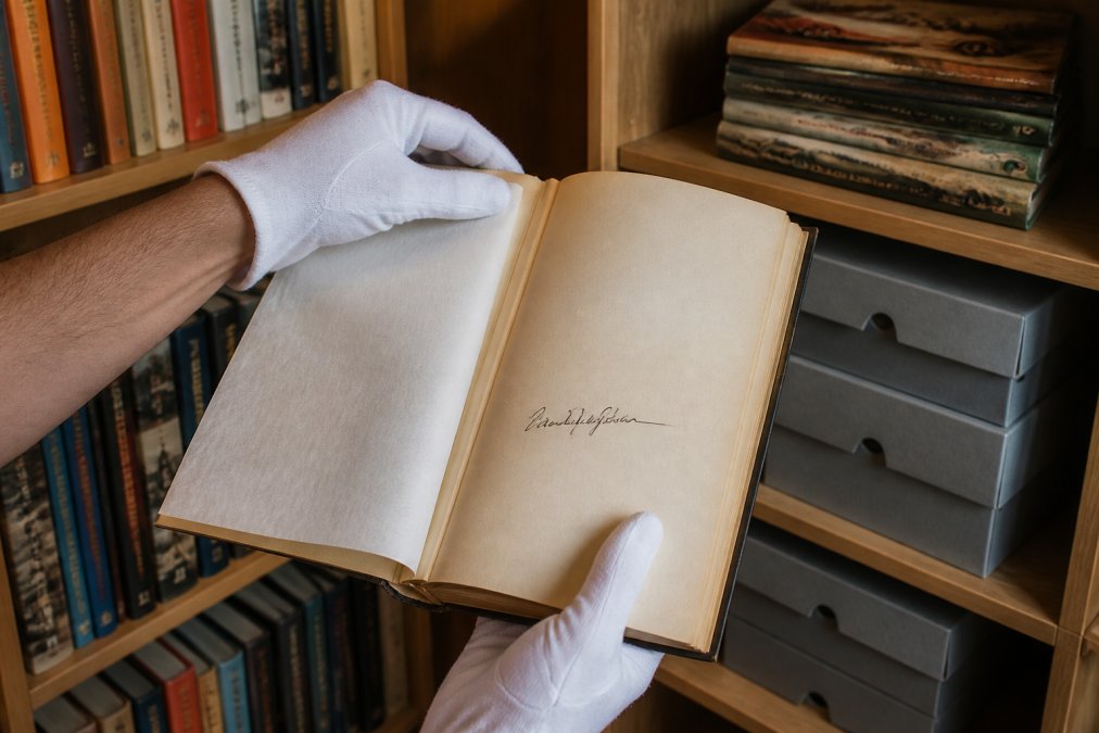 Hands wearing white archival gloves carefully opening a vintage signed Australian book to reveal the title page, with acid-free tissue paper visible, preservation supplies including pH-neutral storage boxes stacked on a nearby shelf, and a collection of properly stored collectible volumes arranged vertically on wooden shelves in soft natural light