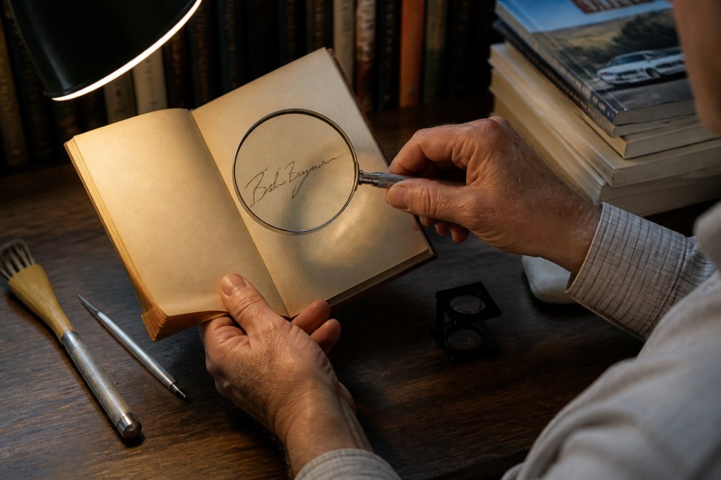 Close-up of hands examining a signed book page under soft lamplight, revealing the signature detail and ink quality on aged paper