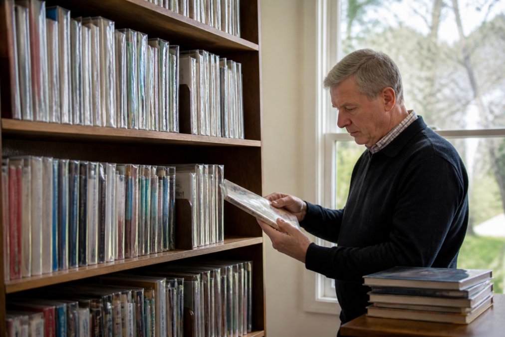 Carefully arranged collection of vintage Australian history books on a wooden shelf with proper spacing, protective archival sleeves visible, natural diffused light from nearby window