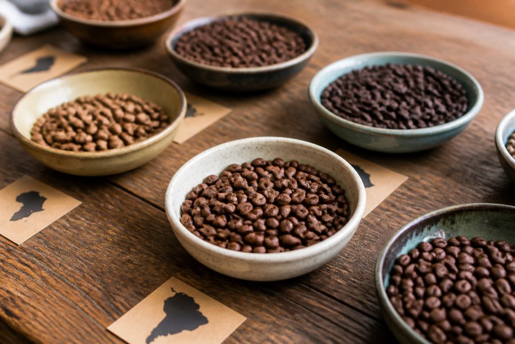 Close-up of several small ceramic bowls filled with whole bean coffee from different origins laid out on a rustic wooden table, each with a small handwritten label card beside it