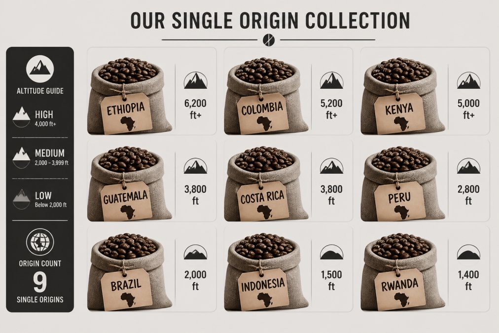 Close-up of freshly roasted coffee beans in burlap sacks with handwritten region labels, showing the diversity of origins from different countries and altitudes