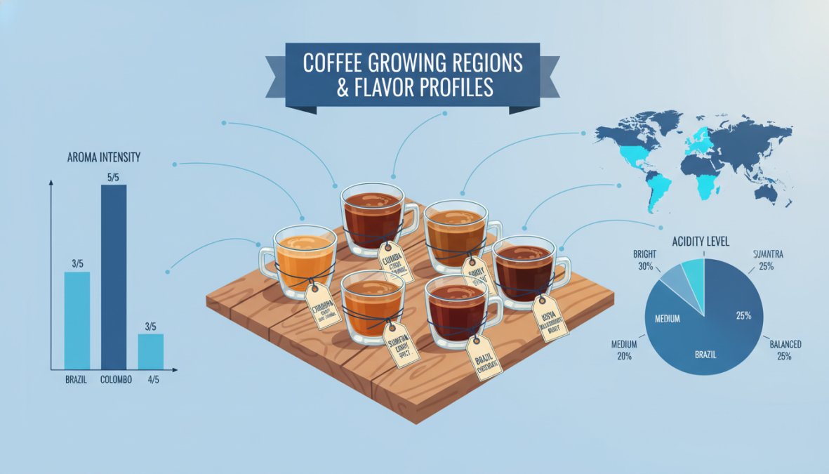 Close-up of several small glass cups filled with different brewed single origin coffees arranged on a rustic wooden table, each with a small handwritten label showing the country of origin such as Ethiopia, Colombia, and Sumatra, warm afternoon light casting soft shadows