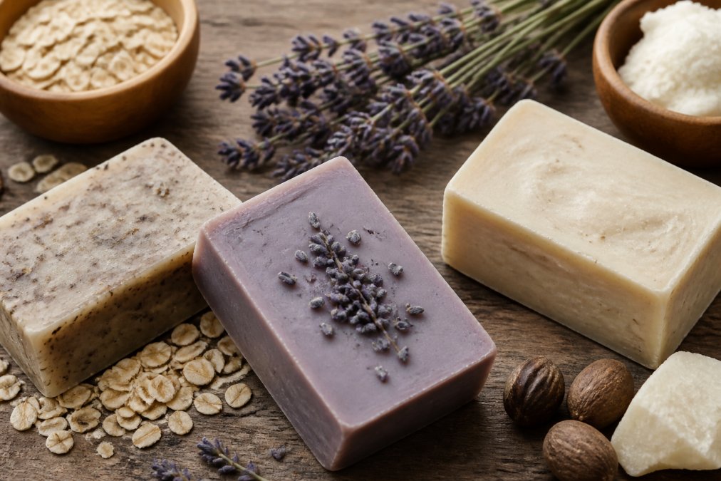 A flat lay of three handcrafted soap bars with visible natural textures, surrounded by botanical ingredients like oats, lavender sprigs, and shea butter on a rustic wooden surface