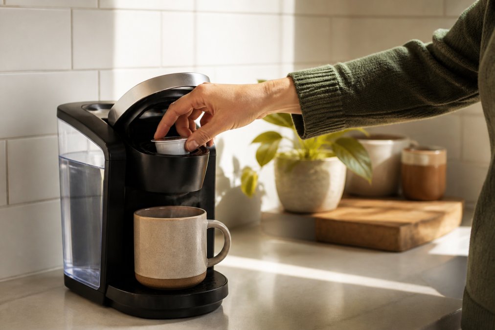 Close-up of a person's hand pressing a single-serve coffee pod firmly into a Keurig-style brewer, with steam rising from a full ceramic mug on the drip tray in a bright, sunlit kitchen with white tile backsplash
