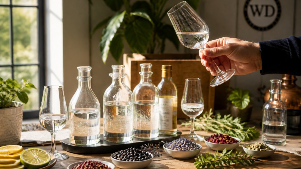 Professional gin tasting setup with a hand holding a glass of gin tilted to show colour against natural light, botanical garnishes and tonic bottles on a wooden table with soft daylight