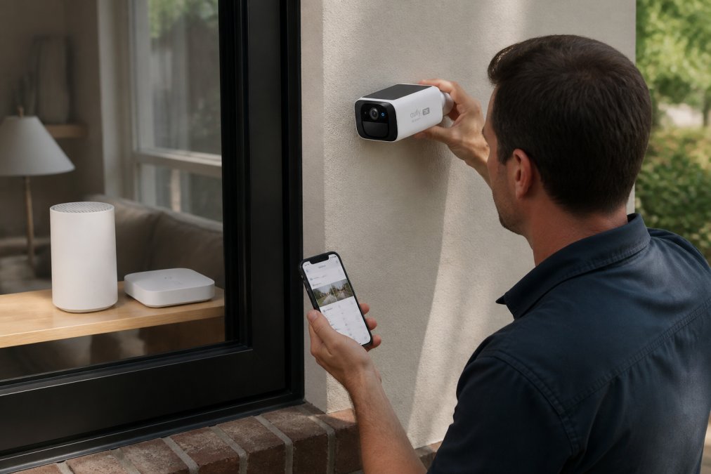 Homeowner holding a smartphone displaying a smart home app while installing a wireless security camera on an exterior wall, with a white mesh router and smart hub visible on a shelf inside through a window in soft afternoon light