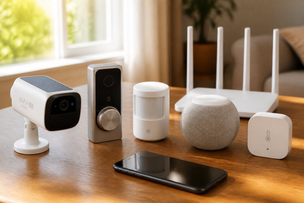 Five different smart home devices (a security camera, smart lock, motion sensor, smart speaker, and temperature sensor) arranged on a wooden table with a smartphone displaying compatibility status and a mesh router in the background, morning sunlight streaming through a window