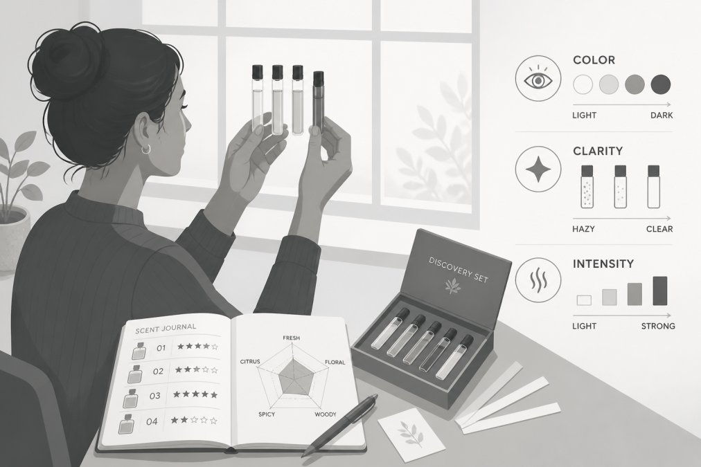 Person holding multiple fragrance sample vials up to light, examining the color and clarity, with handwritten notes and a scent journal visible on a nearby table in natural window lighting