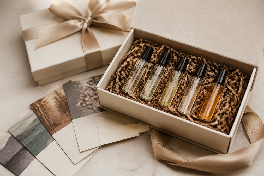Elegantly wrapped fragrance discovery set gift box with narrative cards and multiple sample vials arranged on neutral background with soft, warm lighting suggesting thoughtful presentation