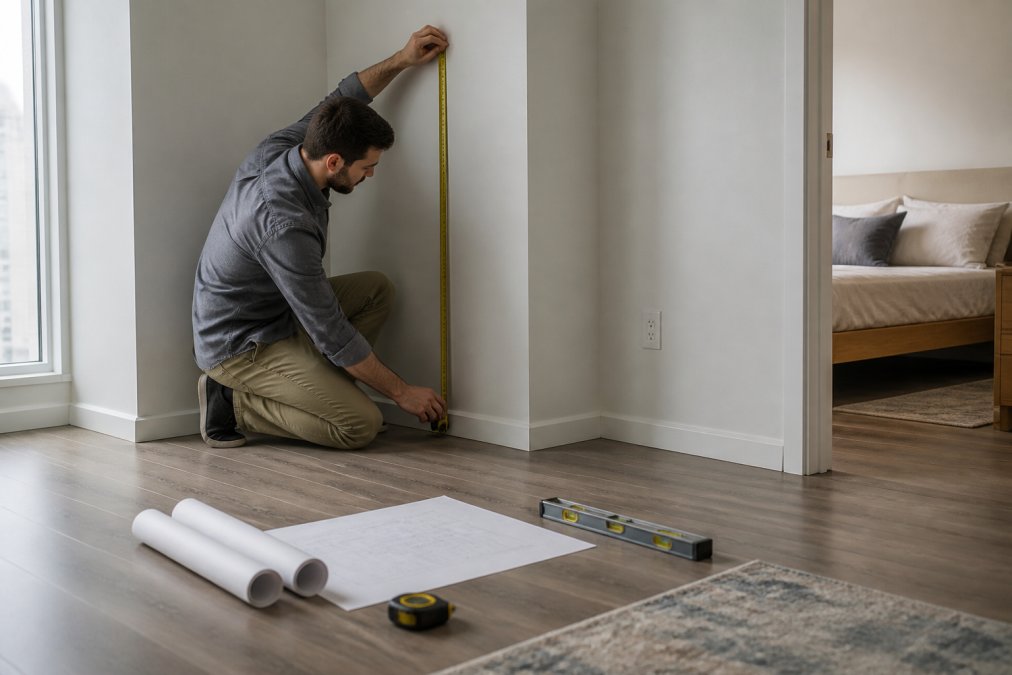 Person measuring a small apartment corner with a tape measure, carefully assessing floor space and wall dimensions while checking ceiling height for desk placement